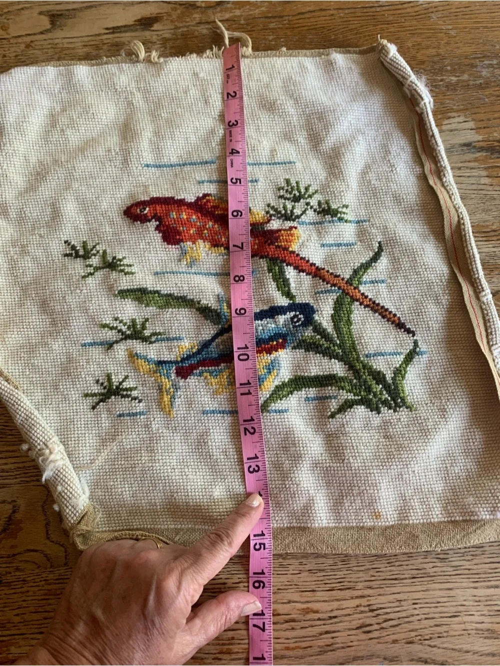 Handmade Needlepoint Fish Fiber Art in Orange and Blue Vintage